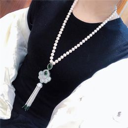 Beautiful natural 8-9mm white freshwater pearl tassel sweater chain necklace fashion Jewellery