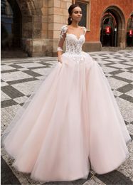 Transparent 3 4 Long Sleeve A Line Wedding Dress Pale Pink White Lace Modern Party Appliques Tulle Bridal Gowns Castle Robe de Mar228R