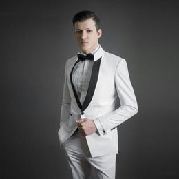 Fashion White Groom Tuxedos Excellent Mandarin Lapel Slim Fit Groomsmen Blazer Men Formal Suit Party Prom Suit(Jacket+Pants+Tie) 1298