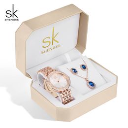 Shengke Creative Crystal Jewellery Set Ladies Quartz Watch 2019 Women Watches Earrings Necklace Set Women's Day Gift