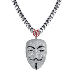 Personality Mens Hip Hop Necklace Silver Color Full CZ V Mask Pendant Necklace with Cuban Chain for Men Hot Gift