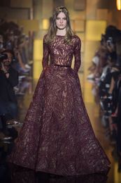 Luxury Elie Saab Formal Burgundy Evening Dresses Jewel Neck Long Sleeves Sequined Lace Prom Dress Dubai Plus Size Party Gowns Custom