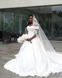 Elegant Satin Wedding Dresses Vintage Off Shoulder Ruffles A Line Bridal Dress Simple Sweep Train Cheap Wedding Gowns 2019