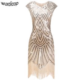 Vintage 1920s Flapper Great Gatsby Dress O-Neck Cap Sleeve Sequin Fringe Party Midi Dress Summer Women Vestido De Festa