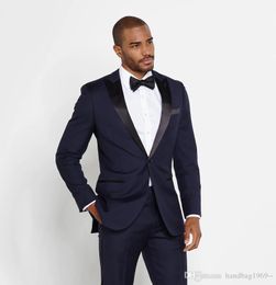 High Quality Navy Blue Groom Tuxedos Peak Lapel Man Work Suit Prom Blazer Mens Wedding Clothes (Jacket+Pants+Tie) H:993