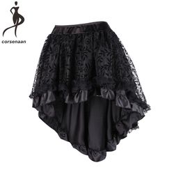 Black Women's Victorian Asymmetrical Ruffled Satin Lace Trim Gothic Skirts Vintage Corset Steampunk Skirt Cosplay Costumes 937# MX200327
