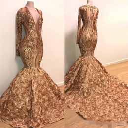 Evening Sexy Gold Dresses Plunging V Neck Long Sleeves Sequins Applique Mermaid Handmade Flowers Sweep Train Prom Party Formal Gowns