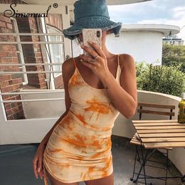 Simenual Tie Dye Ribbed Drawstring Mini Dresses Women Strap Backless Sexy Party Clubwear Ruched Bodycon Skinny Dress 2020 Summer