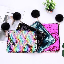Girls Colorful Sequins Pencil Cases Cute Plush Ball School Pencil Bag Cosmetic Bag Stationery Pouch Office Supplies