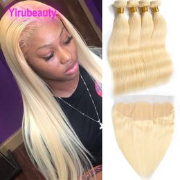 Brazilian 100% Human Hair 4 Bundles With 13X4 Lace Frontal Straight Blonde 613# Colour Straight Virgin Hair Extensions With 13 By 4 Frontal