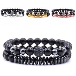 Fashion 8mm Black Beads Natural Stone Bracelet Micro Inlaid Zircon Handmade Matte Bracelet Charms Hematite Bangle Jewellery