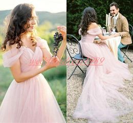 Charming Pink Wedding Dresses Pleated A-Line Tulle Off Shoulder Country Garden Vestido de novia Custom Plus Size Formal Bridal Gown Bride