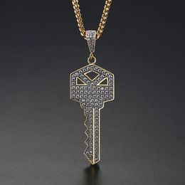 New Men's Key Style Pendant Necklace Ice Out Cubic Zircon Gold Colour Fashion Rock Street Hip Hop Jewellery With Chain For Gift