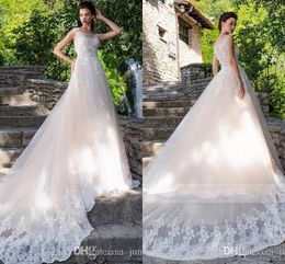 Champagne Beach A Line Wedding Dresses Sheer Scoop Neck Lace Applique Bridal Gowns Sweep Train Garden Wedding Dress Vestidso De Noiva