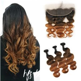 Dark Roots Brazilian Virgin Hair Extensions 3Bundles With Lace Frontal Closure 1b 4 30 Brown Auburn Hair Body Wave Lace Frontal With Bundle