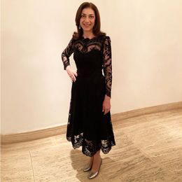 Black A Line Lace Mother Of The Bride Dresses With Long Sleeves Sheer Bateau Neck Evening Gowns Tea Length Wedding Guest Dress 407