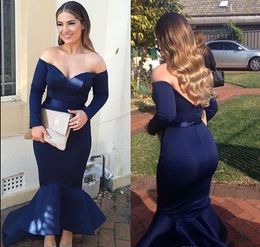 2019 v nek Arabic Formal Prom Dresses navy blue Off Shoulder Long Sleeves Mermaid backless Evening Gowns ruched stain Hi Lo Pageant Dress