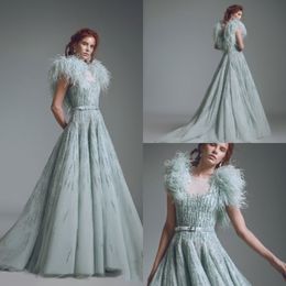 Luxury Alfazairy A line Evening Dress With Feathers Sheer Bateau Neck prom dresses long crystal special occasion Quinceanera dresses custom