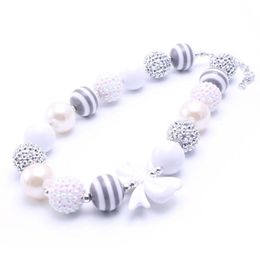 Lovely Bow Kid Chunky Necklace Fashion Silver+White Color Bubblegum Bead Chunky Necklace Children Jewelry For Toddler Girls