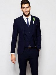 New Design Navy Blue Groom Tuxedos Shawl Lapel One Button Groomsmen Mens Wedding Dress Excellent Man Suit(Jacket+Pants+Vest+Tie) 380