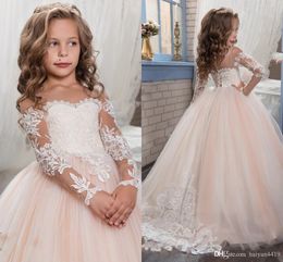 Blush Pink Long Sleeves Flower Girls Dresses For Weddings Lace Appliques Tulle Ball Gown Birthday Girl Communion Pageant Gowns Custom Made