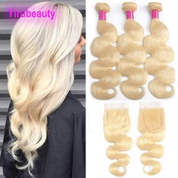 Malaysian 613# Body Wave Baby Hair Extensions Bundles With Lace Closure 4X4 Bundle 10-30inch Blonde Colour 4PCS