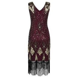Dresses 1950S Vintage Party Dress Women Sequins Dress Tassel Beaded 1920s Gatsby Clubwear Party Gown female Glitter Black/Burgundy