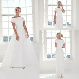 Modest Sheath House Of Mooshki Wedding Dresses Off Shoulder Short Sleeve Satin Detachable Wedding Gowns Floor Length robe de mariée