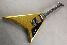 Factory Custom V SHape Gold Electric Guitar With Shining Paint,Chrome Hardware,Reverse Headstock,Can be customized