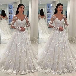 Sexy A-Line Elegant Wedding White Deep V-Neck Long Dress Mesh Lace Sleeve Pleated Floor-Length Bridal Gowns Vestidos De Mariee