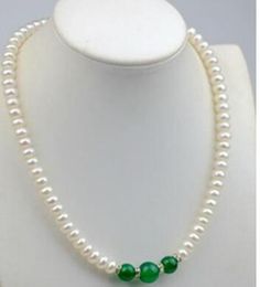 Free shipping 8-9mm Natural Abacus white Akoya Pearl / Green Jade (10-12mm) Beads Necklace