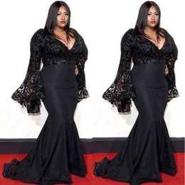 Plus Size Evening Dresses Long Sleeves Jazmine Sullivan Sequins Celebrity Prom Dresses Black Lace Mermaid Sexy Gowns SD3346