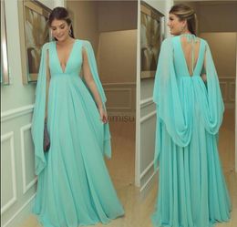 Sage Dubai Prom Dresses Long Deep V Neck Backless Flutter Sleeves Chiffon Arabic Evening Party Gowns Special Occasion Dress Plus Size