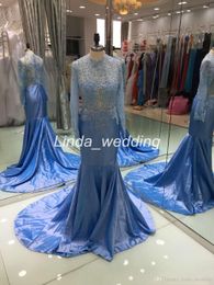 2019 Real Photos Blue Colour Prom Dress Long Sleeves Lace Applique Party Gown Custom Made Plus Size