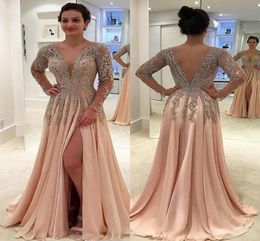 Custom Made Crystals Backless Dresses Evening Wear Deep V Neck Beaded Prom Gowns Floor Length A Line Chiffon Split Side Formal Dresses