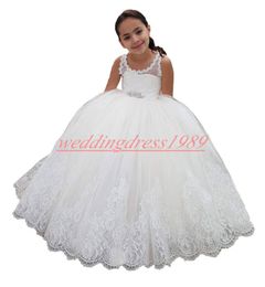 2019 Princess Beads Sash Lace Girls Pageant Dress A-Line Cheap Girl Communion Dress Kids Formal Party Wear Flower Girls Dresses for Girl