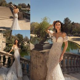Julie Vino Off Shoulder Mermaid Wedding Dresses Short Sleeve Lace Appliques Bridal Gowns Sexy Backless Sweep Train Beach Wedding Dress
