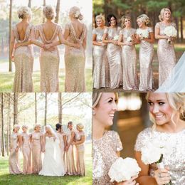 New Sparkly Rose Gold Cheap Mermaid Bridesmaid Dresses Short Sleeves Backless Long Beach Sequins Wedding Party Dress Champagne