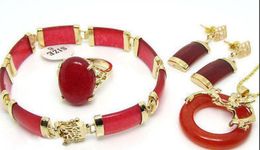 Jewellery FREE SHIPPING18KGP Gold Plated Red jade necklace pendant earrings bracelet Ring Lucky Sets Natura