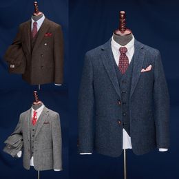 (Wedding Tuxedos Tweed Herringbone Groom Wear Groomsmen Suits 2019 Modest Slim Fit Mens Business Suit Jacket + Pants + Vest Men's Suits