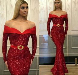 Sparkly Red Mermaid Prom Dresses Off The Shoulder Long Sleeve Sequined Floor Length Bling Bling Evening Gowns Plus Size Abendkleider