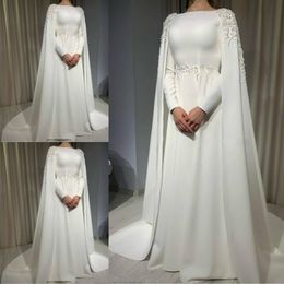 Simple White Wedding Gowns Lace Appliques Cape Style Long Sleeves Bridal Dresses A Line Sweep Train Wedding Vestidos