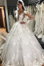 Abiti da sposa di lusso in pizzo con scollo a barchetta Abiti da sposa a maniche lunghe con scollo gioiello trasparente Lunghezza del pavimento Plus Size Abito da sposa vintage Realizzato su misura