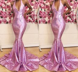 Sequins 2020 Sparkly Prom Dresses Mermaid Sheath Sexy Plunging V Neck Halter Sweep Train Custom Made Evening Gown Formal Ocn Wear