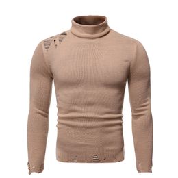New Loose Solid Knit Turtle Neck Sweater for Men Autumn and Winter Men's Sweater High Collar Hole Sweater