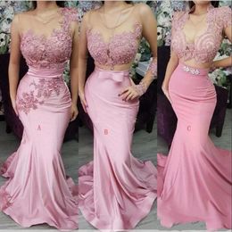 New Sexy Cheap Pink Mermaid Bridesmaid Dresses Lace Appliques Crystal Beaded Sashes Sweep Train Wedding Guest Dress Maid of Honor Gowns