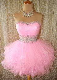 New Arrival Short Mini Pink Prom Gowns Crystal Cocktail Dresses Sequined Beaded Party Ruffled Short Homecoming Dresses Real Sample Q114