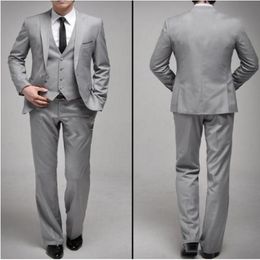 Light Grey Wedding Tuxedos 2019 Custom Made One Button Slim Fit Groom Tuxedos Side Slit Groomsmen Men Prom Suits(Jacket+Pants+Tie+Vest)