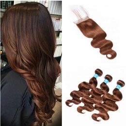 Honey Brown Bundles with Closure Colour #4 Chestnut Brown Brazilian Body Wave Virgin Hair Weaves with Lace Closure Medium Brown Human Hair