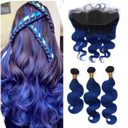 Peruvian Virgin Human Hair Weaves Blue Ombre Hair Extensions With Lace Frontals Dark Roots Body Wave Hair Extensions 4Pcs/Lot